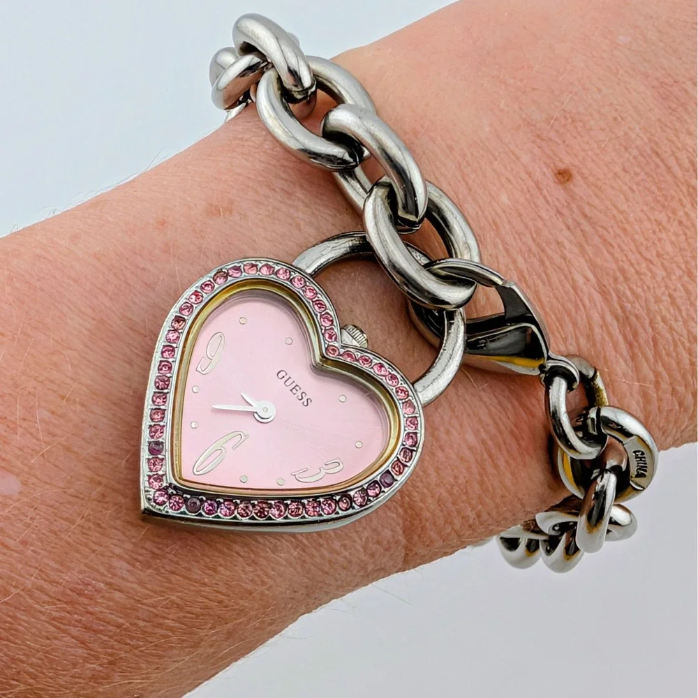 Guess Pink Heart Crystal Charm Watch Silver Tone Chain Bracelet Y2K 25mm 7